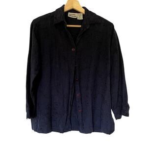 Lemon Grass vintage embroidered navy button down 3/4 sleeves cotton linen size S